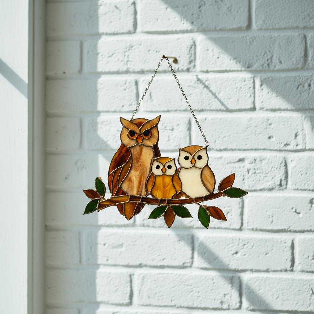 Handmade stained glass owl family suncatcher featuring mother owl and two owlets on a branch, woodland bird window hanging gift for mom or grandma.