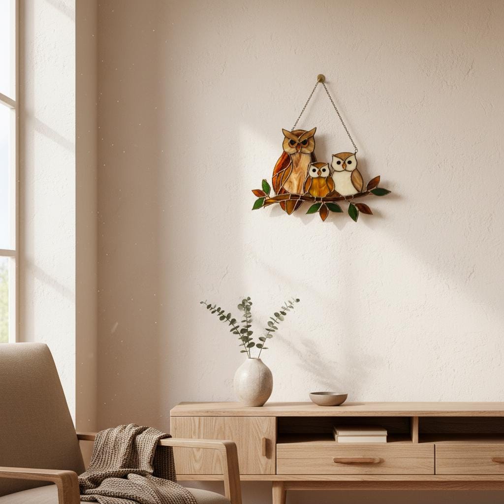 Handmade stained glass owl family suncatcher featuring mother owl and two owlets on a branch, woodland bird window hanging gift for mom or grandma.