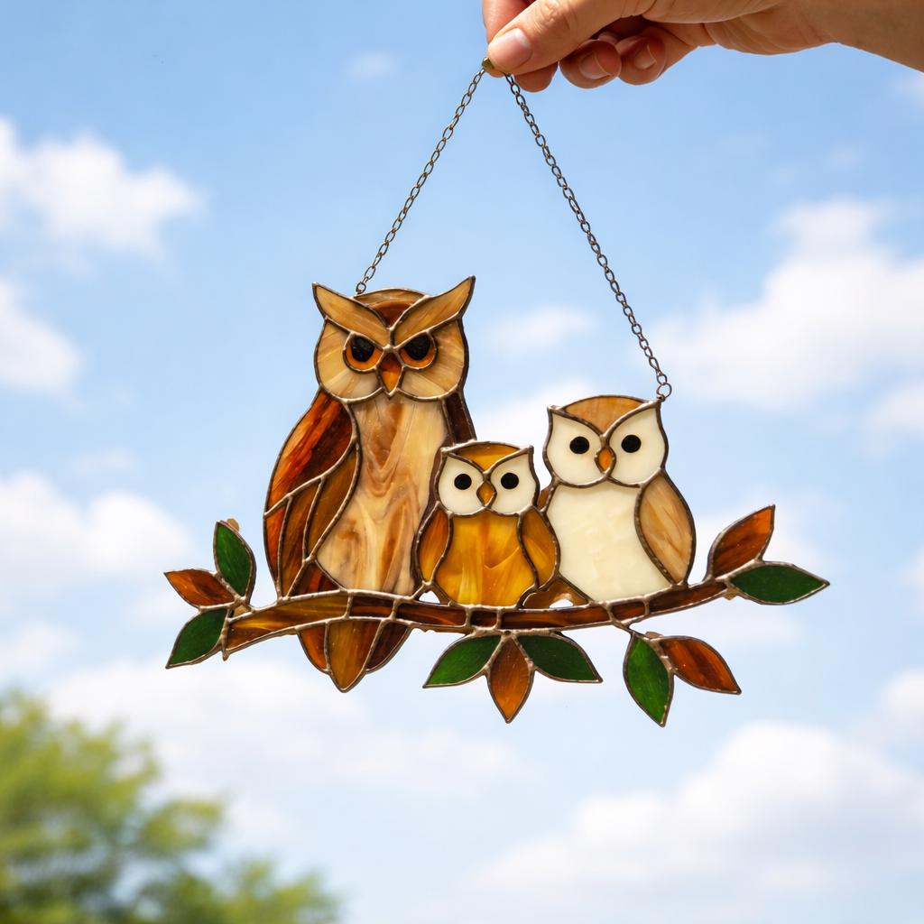 Handmade stained glass owl family suncatcher featuring mother owl and two owlets on a branch, woodland bird window hanging gift for mom or grandma.