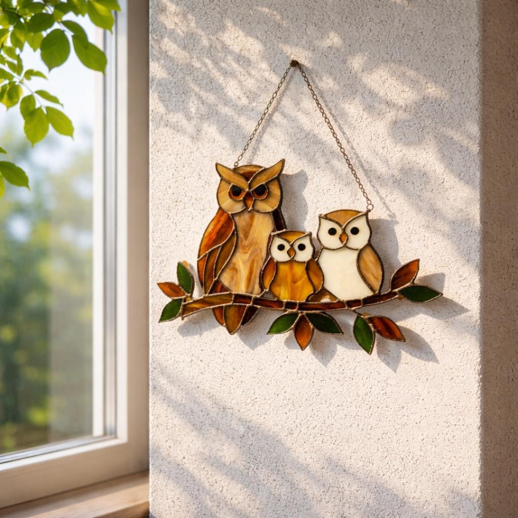 Handmade stained glass owl family suncatcher featuring mother owl and two owlets on a branch, woodland bird window hanging gift for mom or grandma.