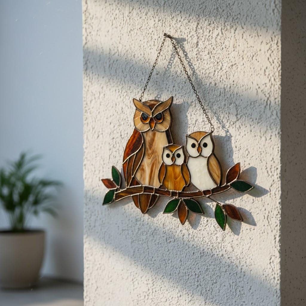 Handmade stained glass owl family suncatcher featuring mother owl and two owlets on a branch, woodland bird window hanging gift for mom or grandma.