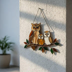 Handmade stained glass owl family suncatcher featuring mother owl and two owlets on a branch, woodland bird window hanging gift for mom or grandma.