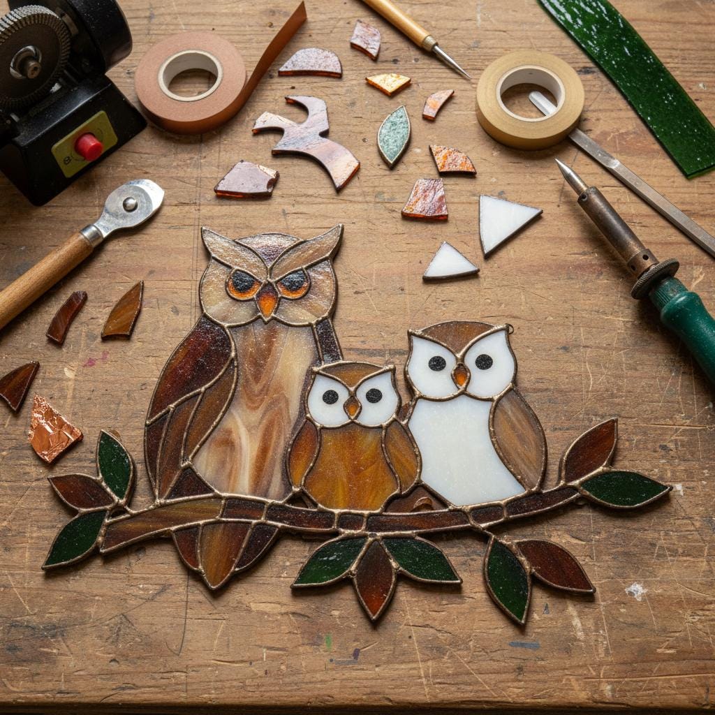 Handmade stained glass owl family suncatcher featuring mother owl and two owlets on a branch, woodland bird window hanging gift for mom or grandma.