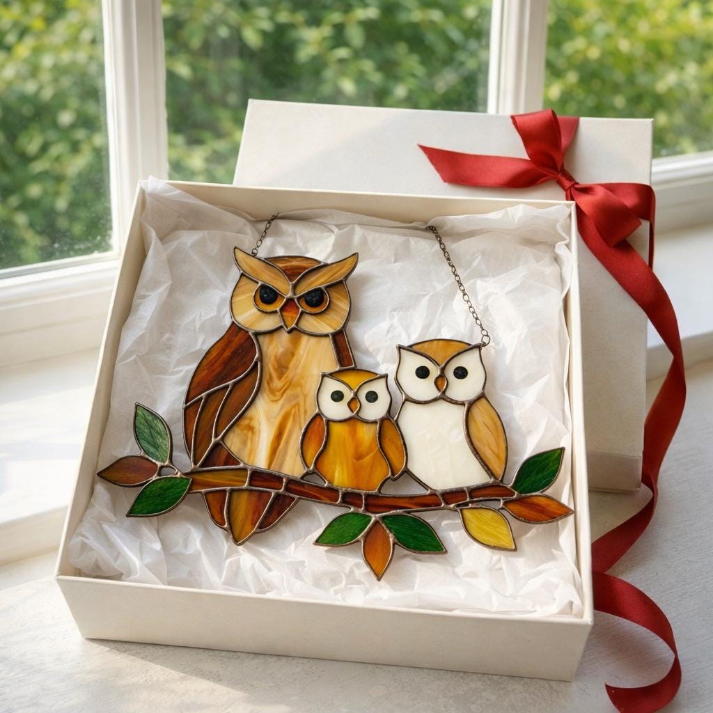 Handmade stained glass owl family suncatcher featuring mother owl and two owlets on a branch, woodland bird window hanging gift for mom or grandma.