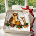 Handmade stained glass owl family suncatcher featuring mother owl and two owlets on a branch, woodland bird window hanging gift for mom or grandma.