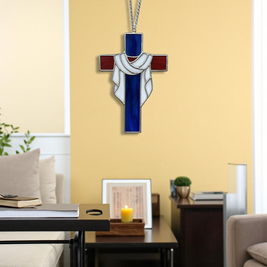 Handmade stained glass cross suncatcher window hanging, religious christian easter decoration, baptism or first communion gift for godchild, sympathy memorial gift.