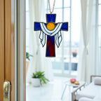 Handmade stained glass cross suncatcher window hanging, religious christian easter decoration, baptism or first communion gift for godchild, sympathy memorial gift.