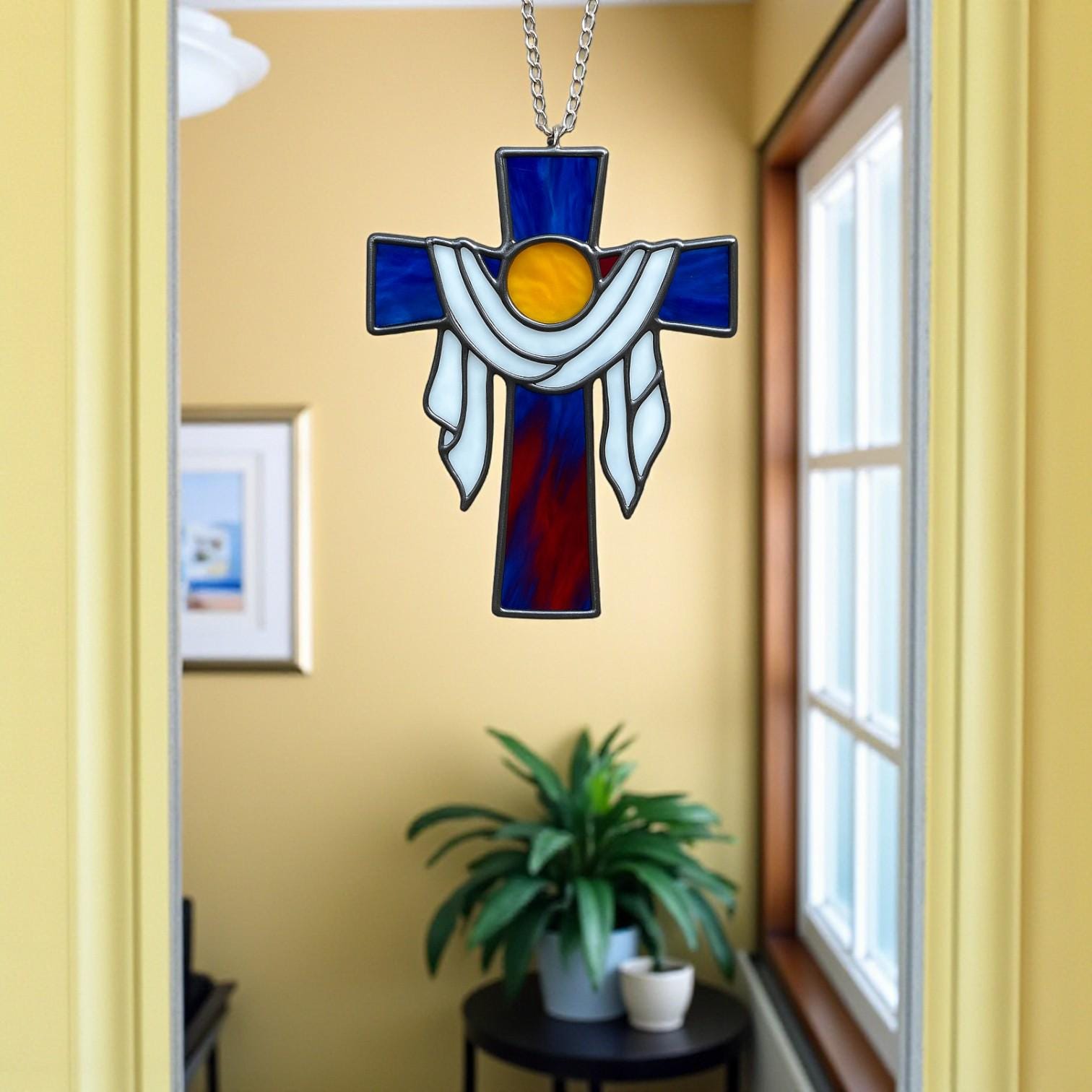 Handmade stained glass cross suncatcher window hanging, religious christian easter decoration, baptism or first communion gift for godchild, sympathy memorial gift.