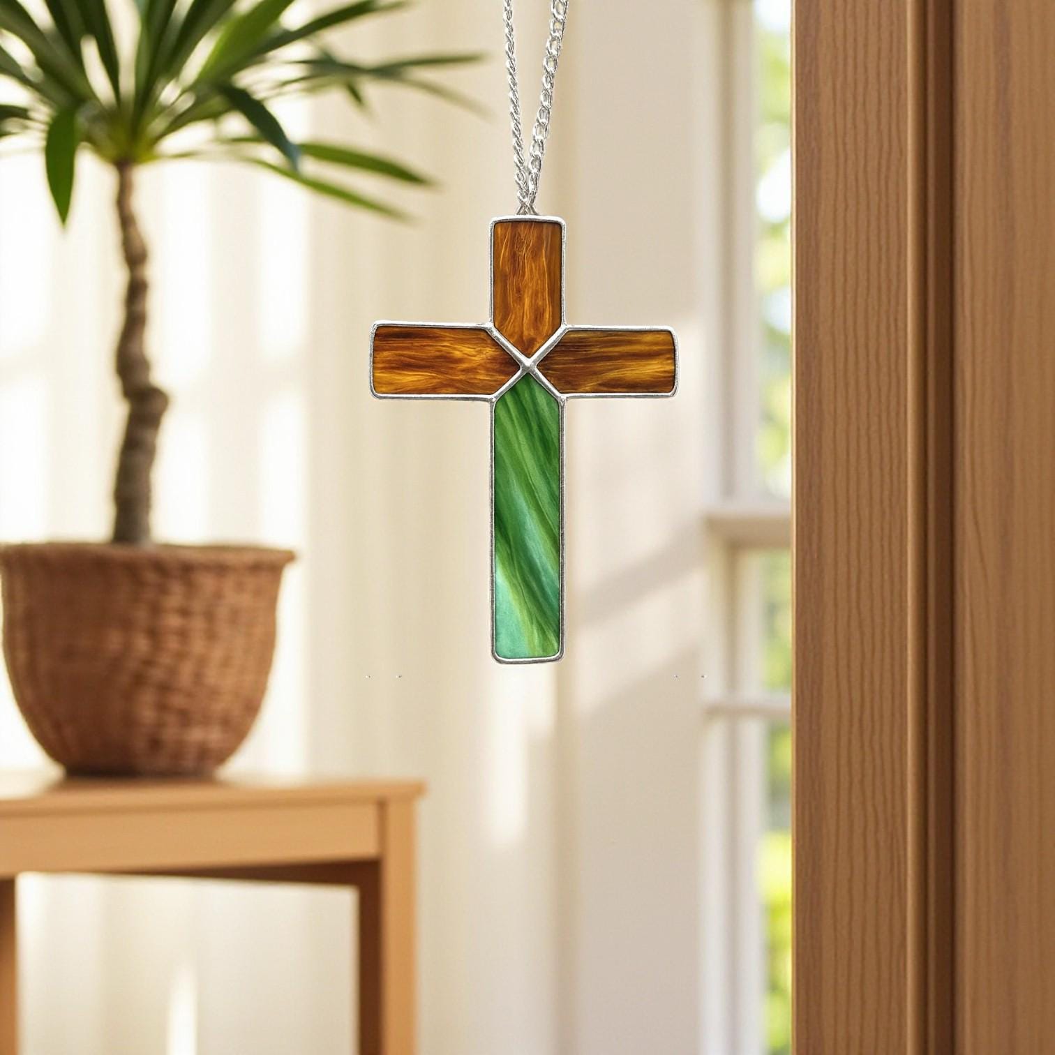 Handmade stained glass cross suncatcher window hanging, religious christian easter decoration, baptism or first communion gift for godchild, sympathy memorial gift.