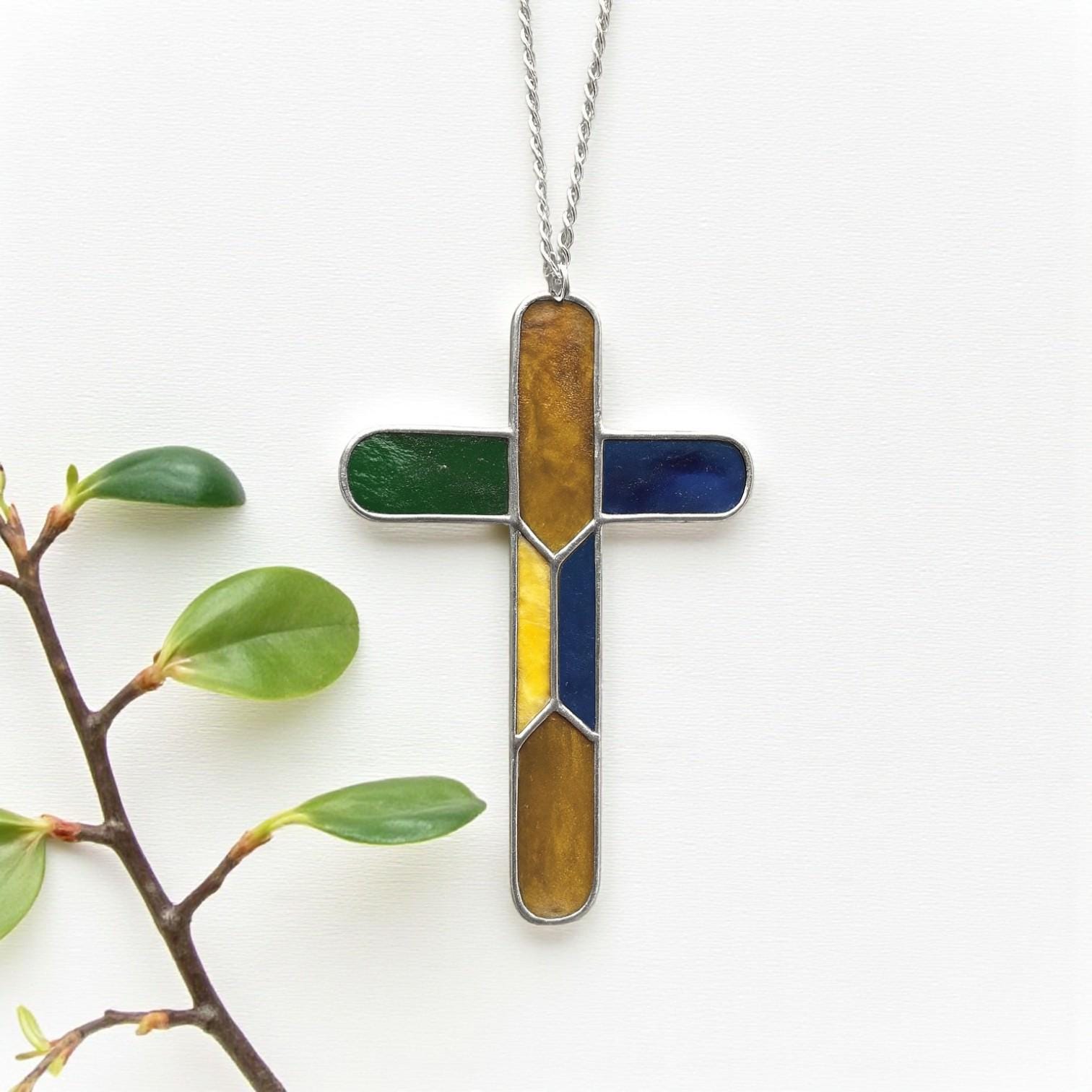 Handmade stained glass cross suncatcher window hanging, religious christian easter decoration, baptism or first communion gift for godchild, sympathy memorial gift.