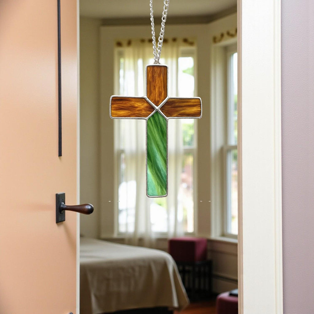 Handmade stained glass cross suncatcher window hanging, religious christian easter decoration, baptism or first communion gift for godchild, sympathy memorial gift.