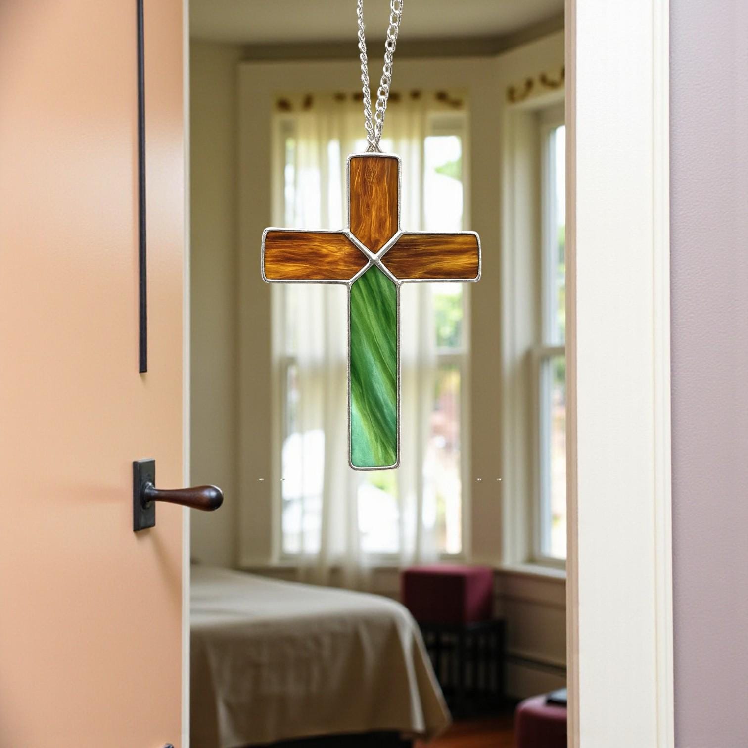 Handmade stained glass cross suncatcher window hanging, religious christian easter decoration, baptism or first communion gift for godchild, sympathy memorial gift.