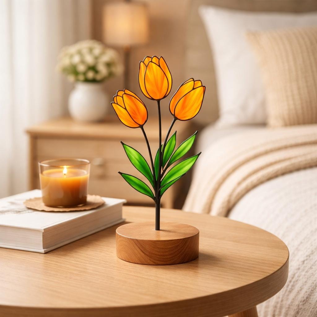 stained glass tulip,stained glass flower,wood base decor,desk accessories,mothers day gift,gift for mom,spring home decor,forever flower,floral desk decor,teacher appreciation,gift for grandma,glass art sculpture,easter gift