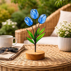 stained glass tulip,stained glass flower,wood base decor,desk accessories,mothers day gift,gift for mom,spring home decor,forever flower,floral desk decor,teacher appreciation,gift for grandma,glass art sculpture,easter gift