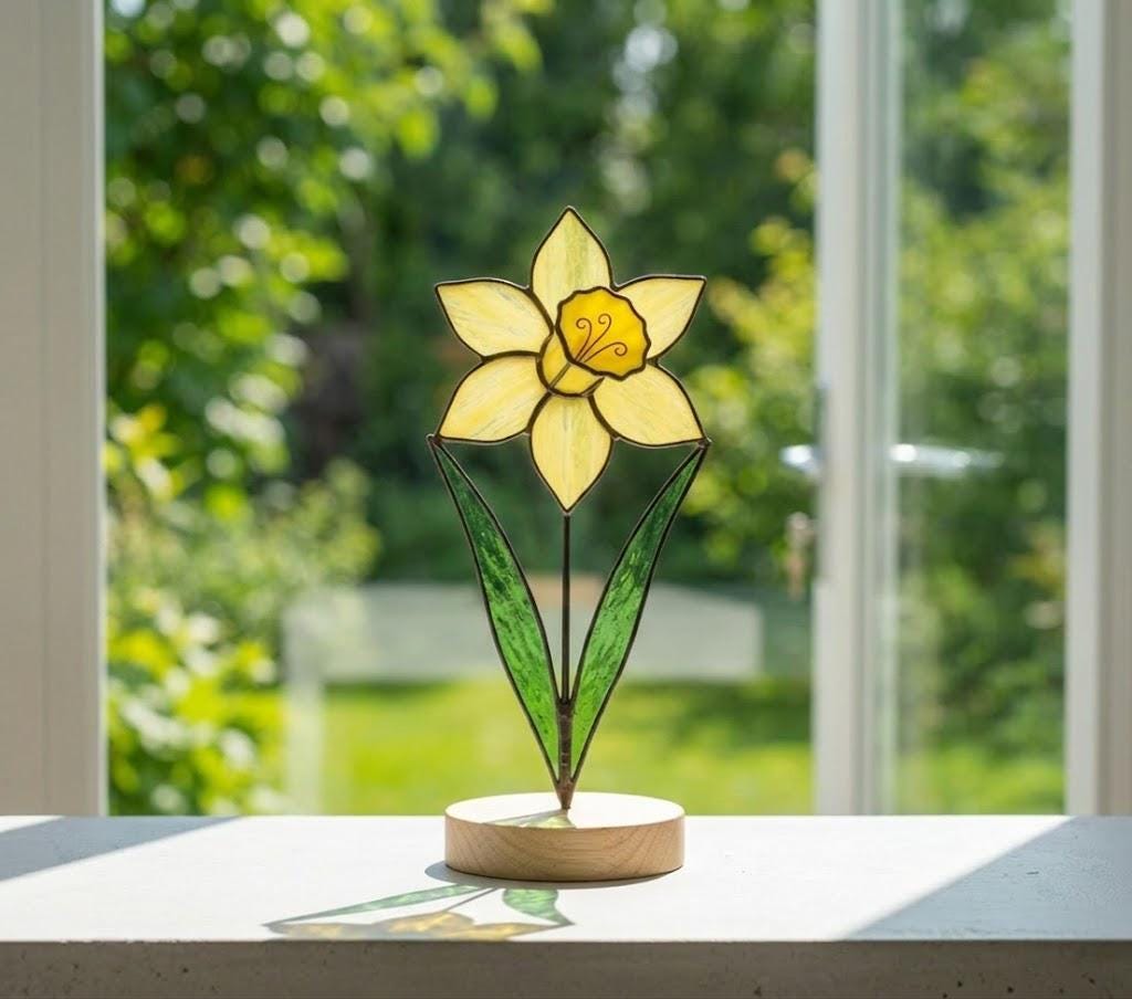 Daffodil Stained Glass Flower Spring Flower Decor for Window or Table Handmade Botanical Art Mother's Day Gift