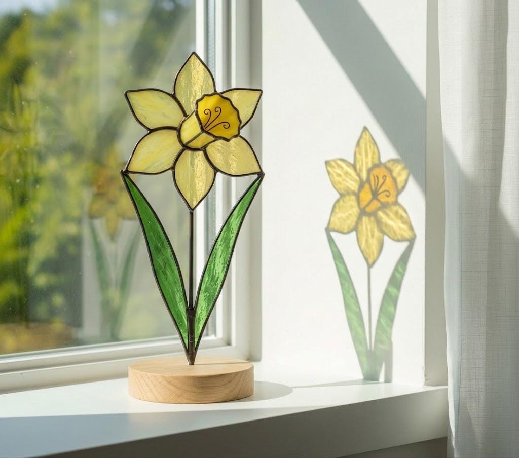 Daffodil Stained Glass Flower Spring Flower Decor for Window or Table Handmade Botanical Art Mother's Day Gift