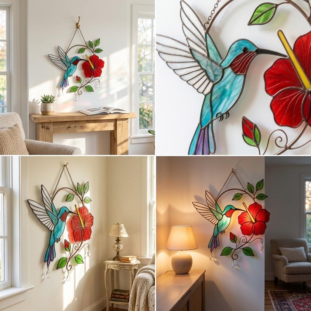 Hummingbird Stained Glass Suncatcher | Hibiscus Flower Window Hanging | Crystal Prism Maker | Mother's Day Gift for Mom | Memorial Decor