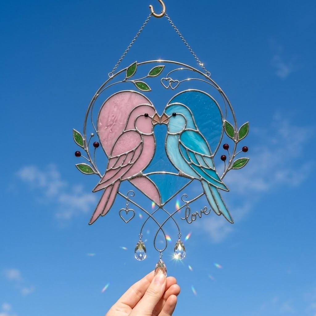 Handmade stained glass pink and blue lovebirds heart suncatcher with crystal prisms and love wire sign, romantic anniversary gift for wife or wedding gift for couple packaged in premium velvet box.