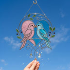 Handmade stained glass pink and blue lovebirds heart suncatcher with crystal prisms and love wire sign, romantic anniversary gift for wife or wedding gift for couple packaged in premium velvet box.