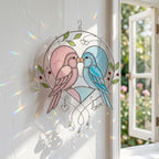 Handmade stained glass pink and blue lovebirds heart suncatcher with crystal prisms and love wire sign, romantic anniversary gift for wife or wedding gift for couple packaged in premium velvet box.
