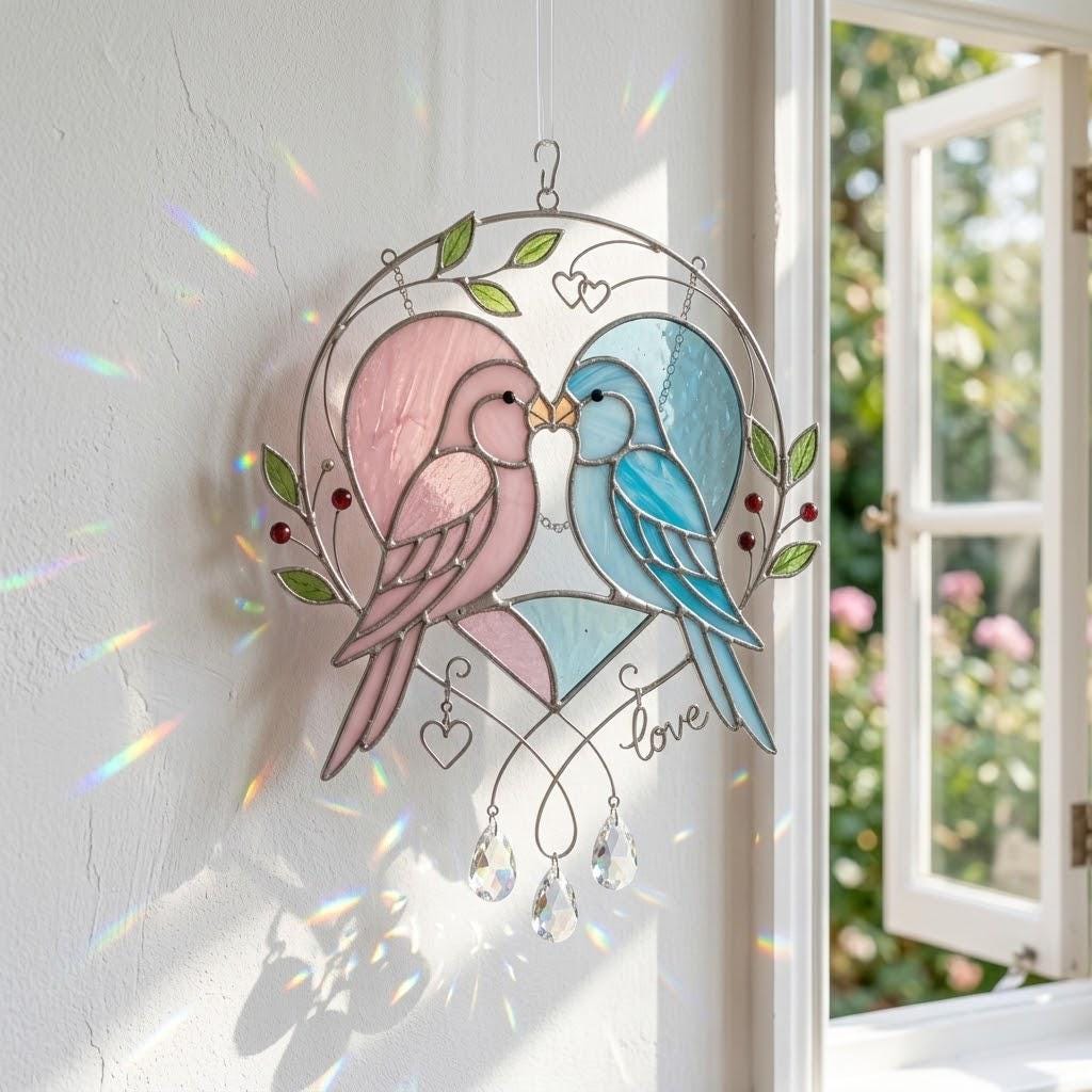 Handmade stained glass pink and blue lovebirds heart suncatcher with crystal prisms and love wire sign, romantic anniversary gift for wife or wedding gift for couple packaged in premium velvet box.