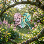 Handmade stained glass pink and blue lovebirds heart suncatcher with crystal prisms and love wire sign, romantic anniversary gift for wife or wedding gift for couple packaged in premium velvet box.