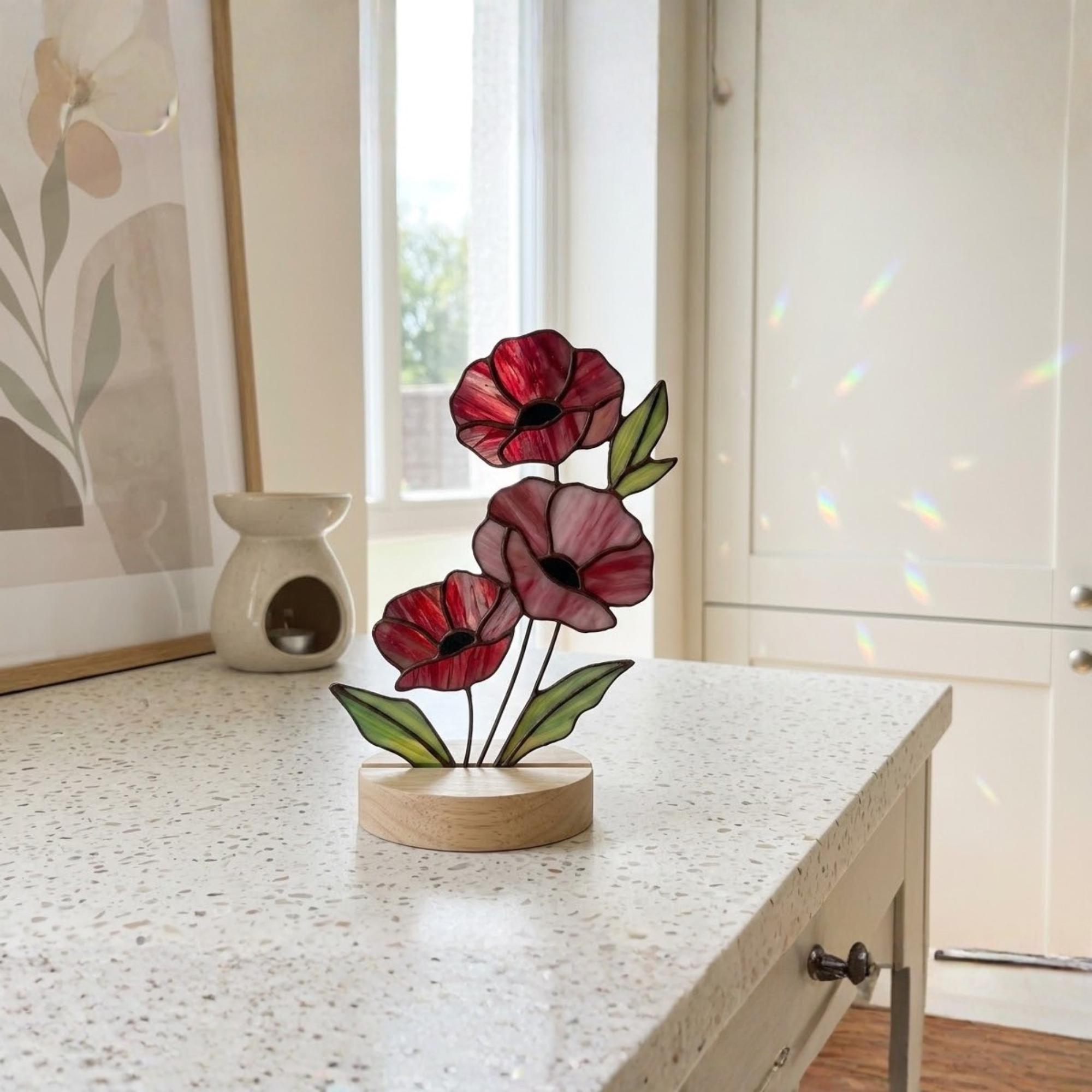 Handmade stained glass red poppy flower bouquet standing on solid wood base, colorful botanical desk decor, memorial remembrance gift for mom.