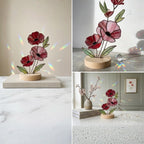 Handmade stained glass red poppy flower bouquet standing on solid wood base, colorful botanical desk decor, memorial remembrance gift for mom.