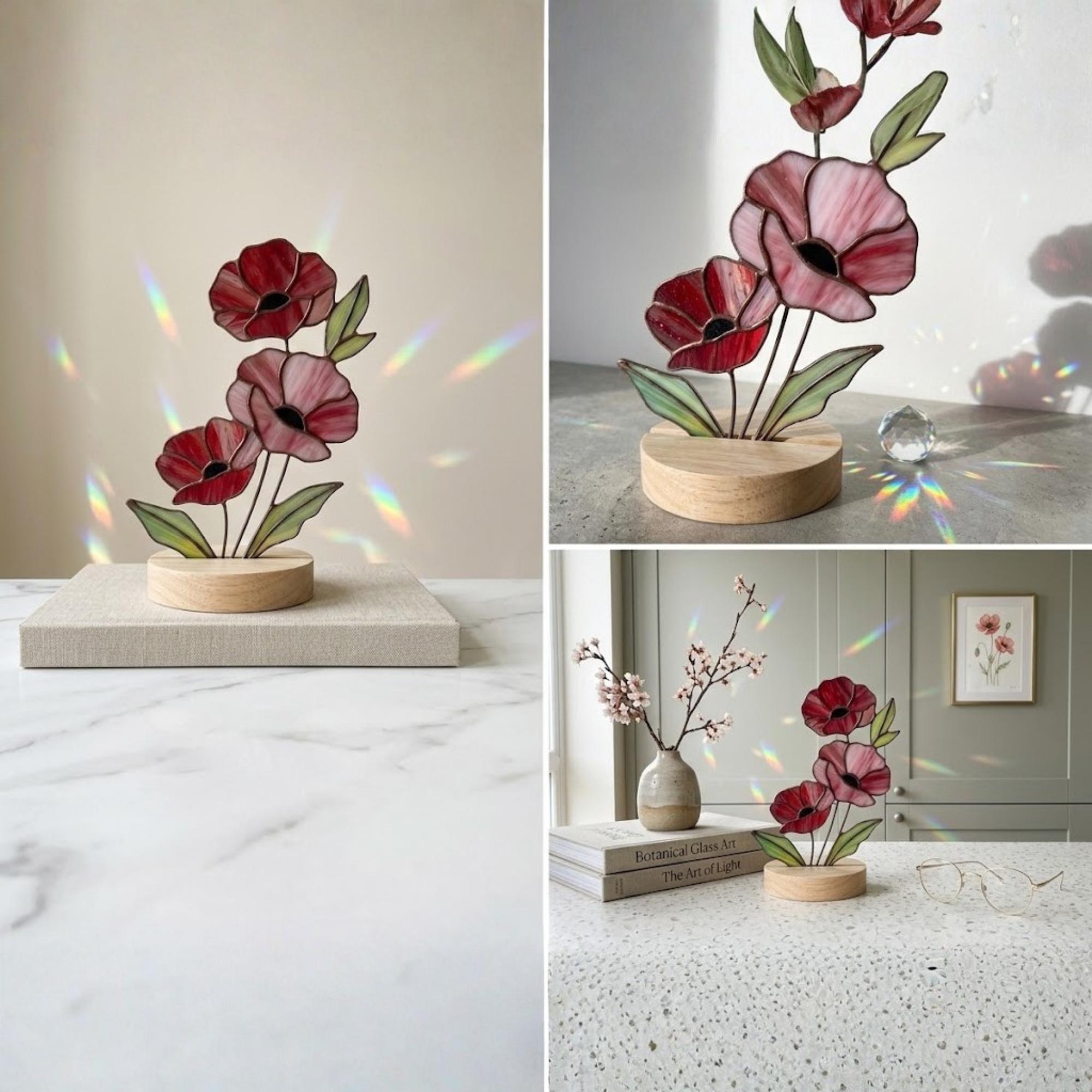 Handmade stained glass red poppy flower bouquet standing on solid wood base, colorful botanical desk decor, memorial remembrance gift for mom.
