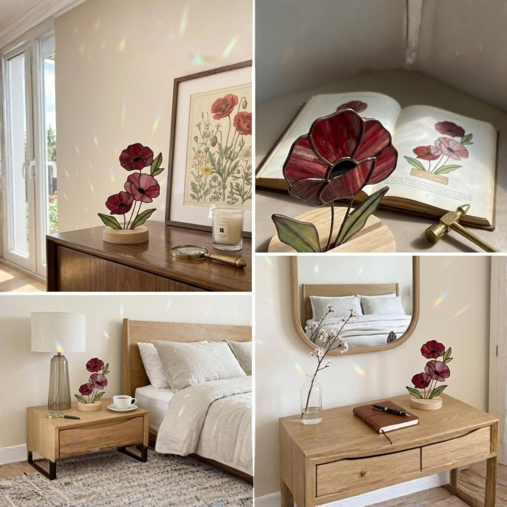 Handmade stained glass red poppy flower bouquet standing on solid wood base, colorful botanical desk decor, memorial remembrance gift for mom.