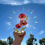 Handmade stained glass red poppy flower bouquet standing on solid wood base, colorful botanical desk decor, memorial remembrance gift for mom.