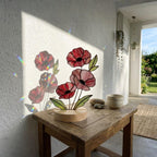 Handmade stained glass red poppy flower bouquet standing on solid wood base, colorful botanical desk decor, memorial remembrance gift for mom.