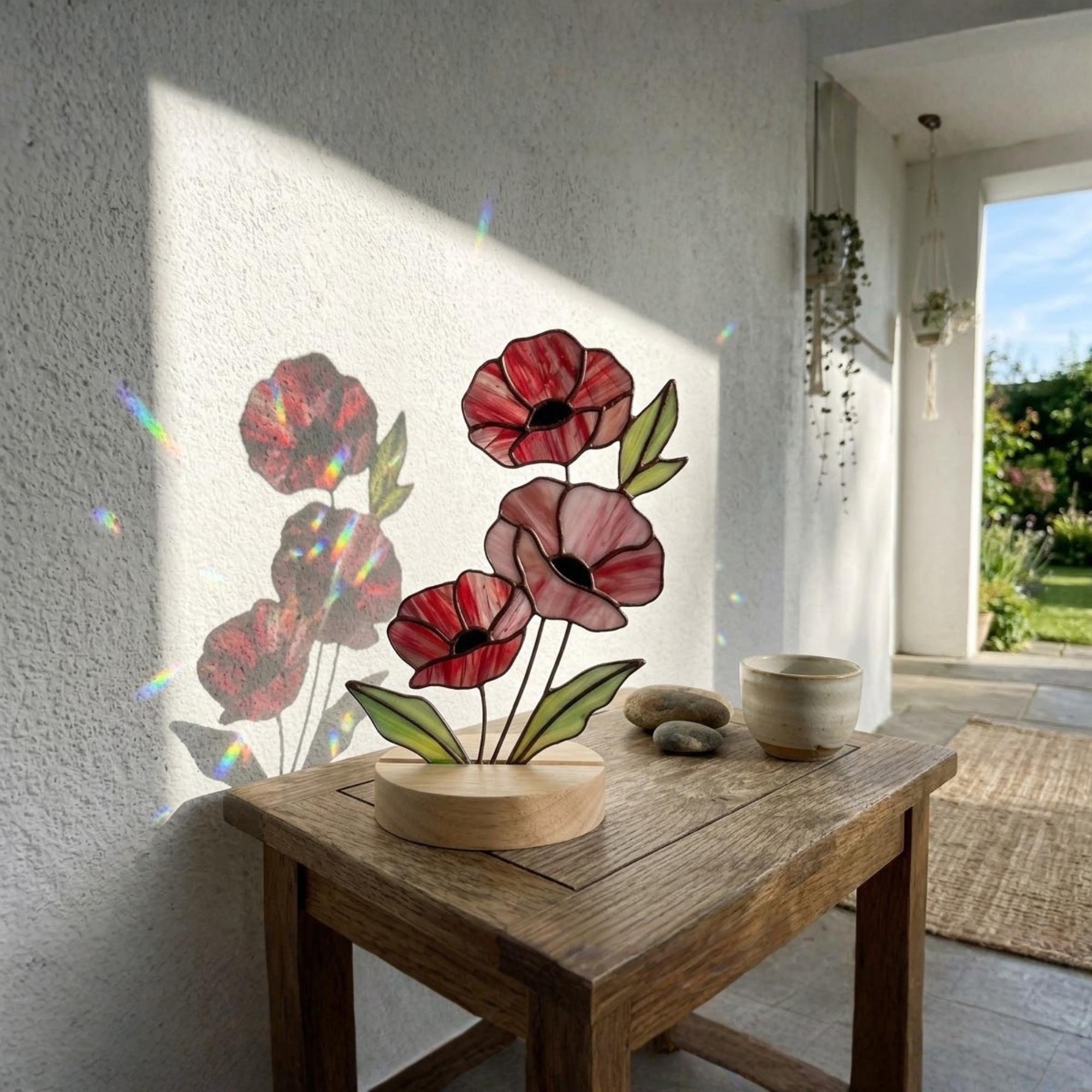 Handmade stained glass red poppy flower bouquet standing on solid wood base, colorful botanical desk decor, memorial remembrance gift for mom.