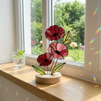 Handmade stained glass red poppy flower bouquet standing on solid wood base, colorful botanical desk decor, memorial remembrance gift for mom.