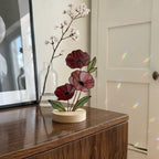Handmade stained glass red poppy flower bouquet standing on solid wood base, colorful botanical desk decor, memorial remembrance gift for mom.