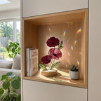 Handmade stained glass red poppy flower bouquet standing on solid wood base, colorful botanical desk decor, memorial remembrance gift for mom.