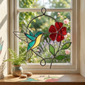 Handmade stained glass blue hummingbird and red spring flower suncatcher in copper wire hoop, floral window hanging gift for mother's day.