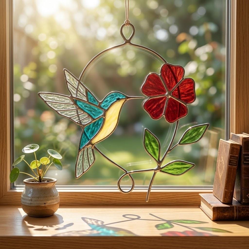 Handmade stained glass blue hummingbird and red spring flower suncatcher in copper wire hoop, floral window hanging gift for mother's day.