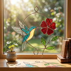 Handmade stained glass blue hummingbird and red spring flower suncatcher in copper wire hoop, floral window hanging gift for mother's day.