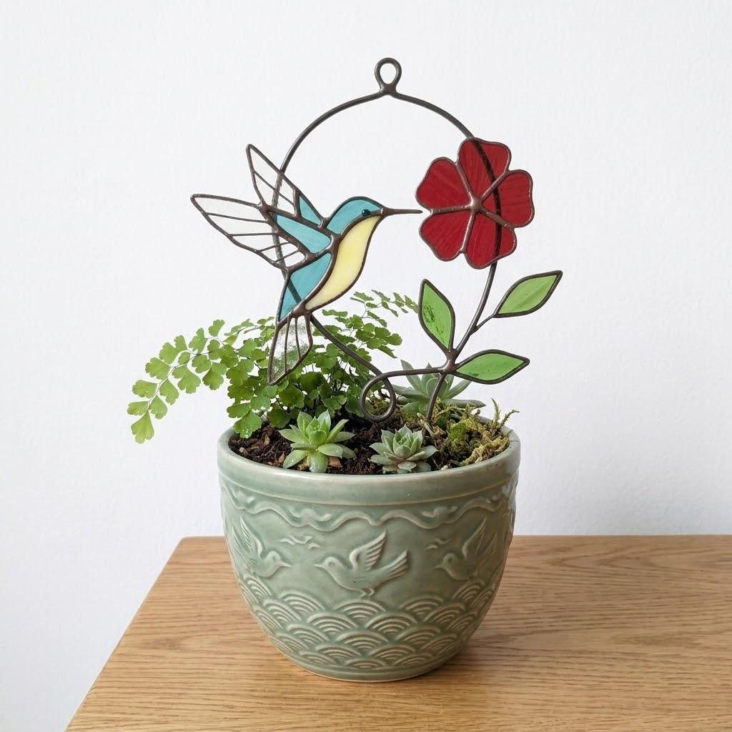 Handmade stained glass blue hummingbird and red spring flower suncatcher in copper wire hoop, floral window hanging gift for mother's day.