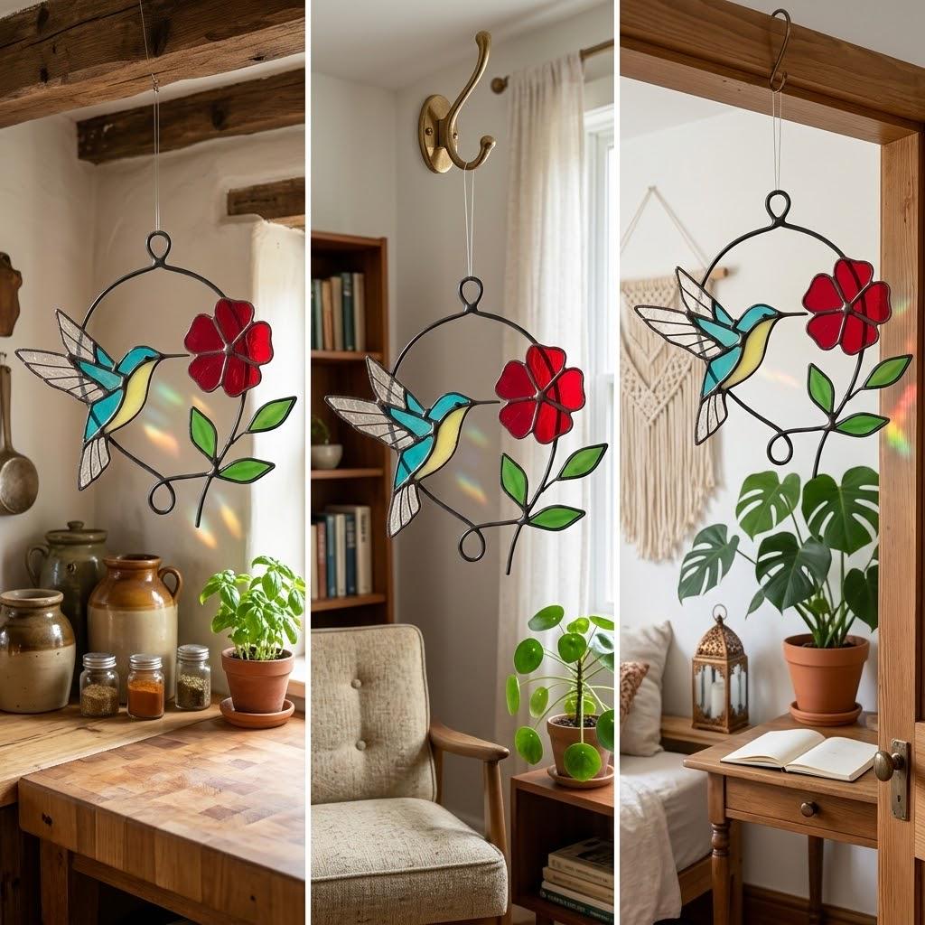 Handmade stained glass blue hummingbird and red spring flower suncatcher in copper wire hoop, floral window hanging gift for mother's day.