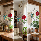 Handmade stained glass blue hummingbird and red spring flower suncatcher in copper wire hoop, floral window hanging gift for mother's day.