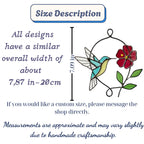 Handmade stained glass blue hummingbird and red spring flower suncatcher in copper wire hoop, floral window hanging gift for mother's day.