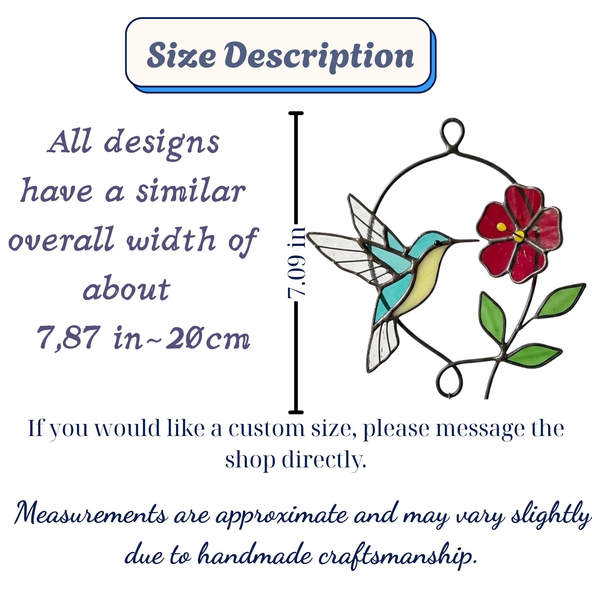 Handmade stained glass blue hummingbird and red spring flower suncatcher in copper wire hoop, floral window hanging gift for mother's day.