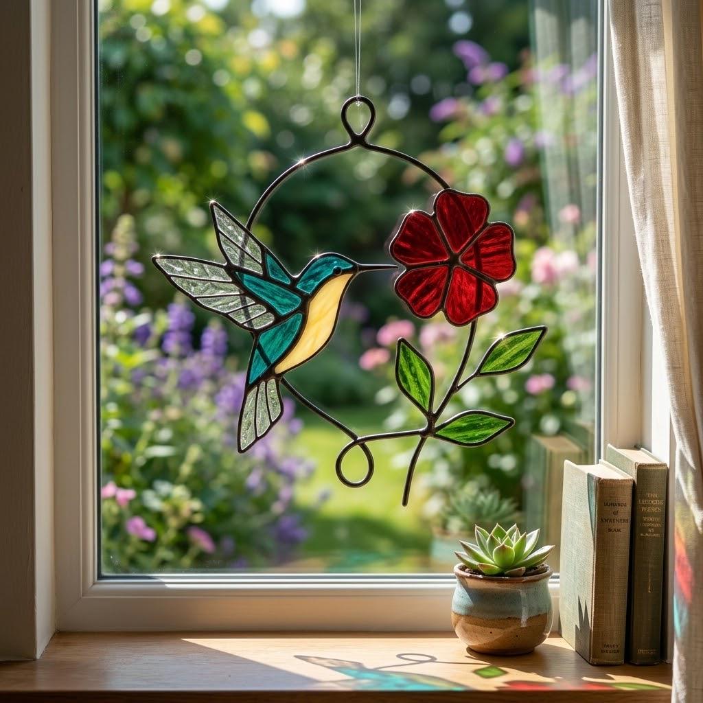 Handmade stained glass blue hummingbird and red spring flower suncatcher in copper wire hoop, floral window hanging gift for mother's day.