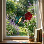 Handmade stained glass blue hummingbird and red spring flower suncatcher in copper wire hoop, floral window hanging gift for mother's day.