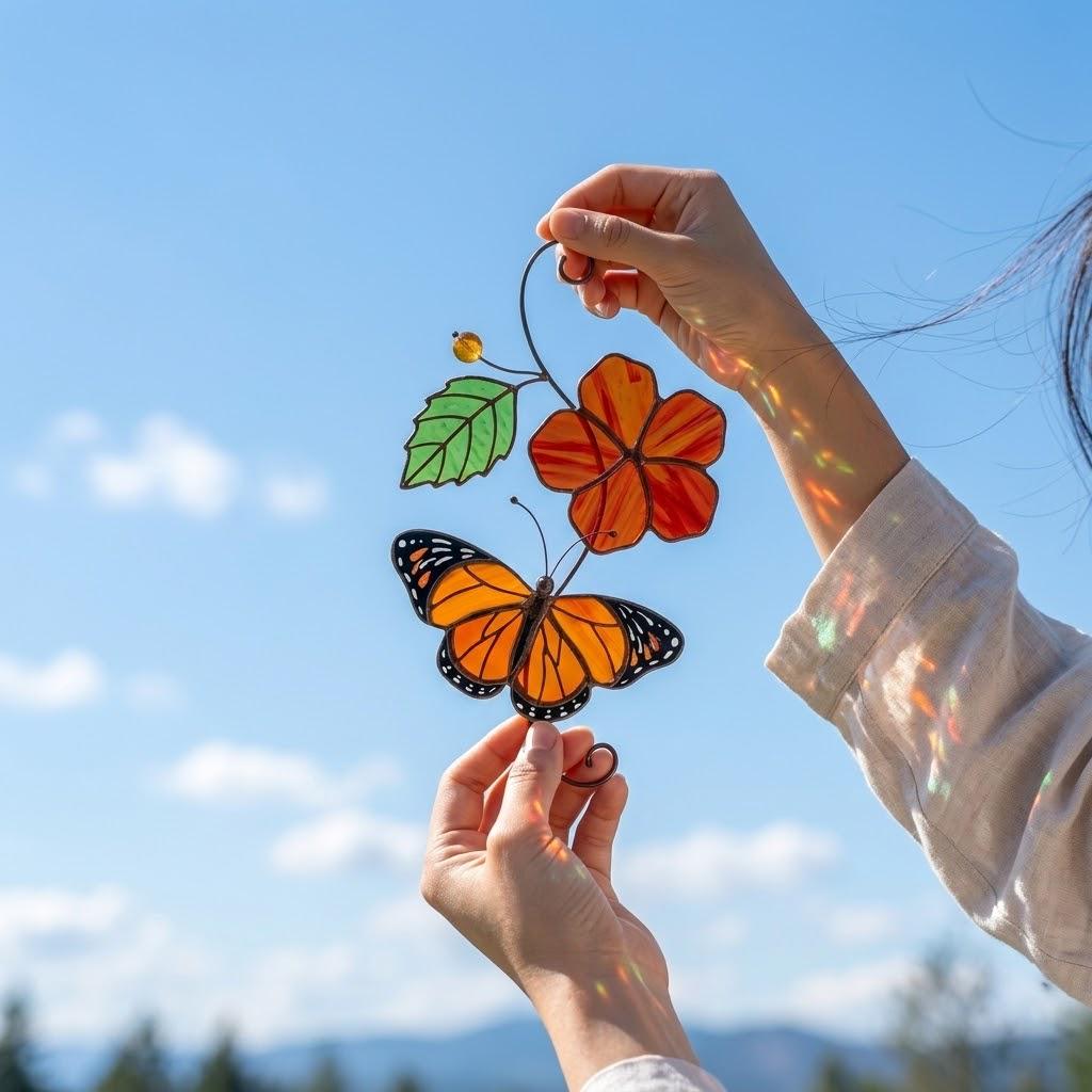 Monarch Butterfly Stained Glass Suncatcher Red Flower Window Hanging Memorial Sympathy Gift Mother's Day Gift Mom Spring Decor