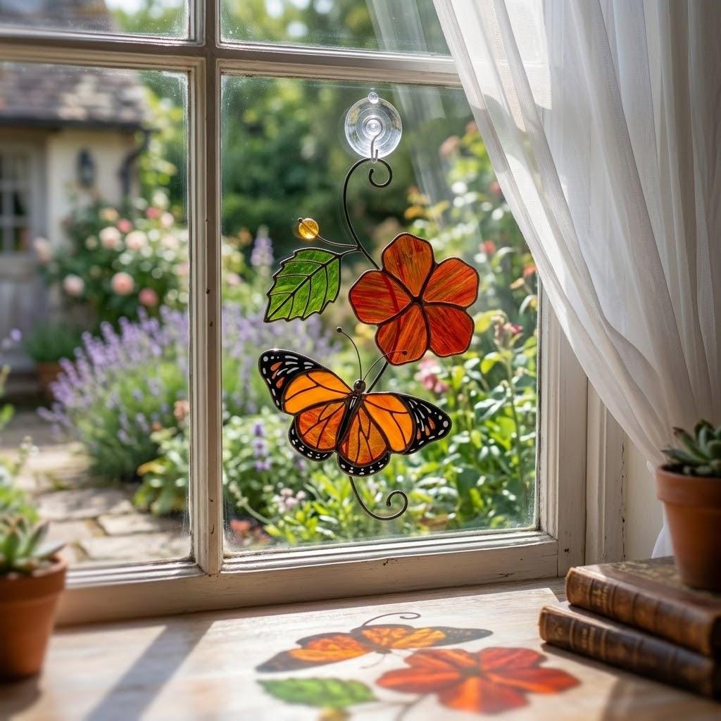 Monarch Butterfly Stained Glass Suncatcher Red Flower Window Hanging Memorial Sympathy Gift Mother's Day Gift Mom Spring Decor