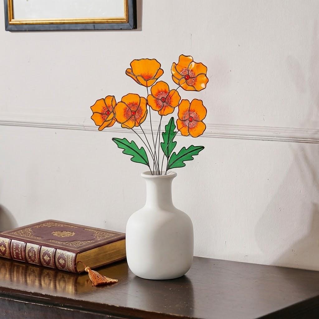 Handmade stained glass orange California poppy flower bouquet with long stems arranged in a vase, forever floral home decor gift for Mother's Day.