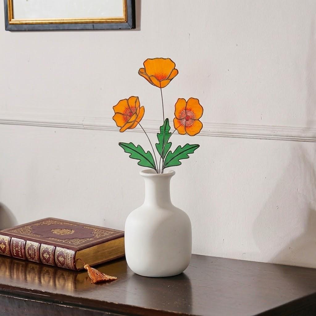 Handmade stained glass orange California poppy flower bouquet with long stems arranged in a vase, forever floral home decor gift for Mother's Day.